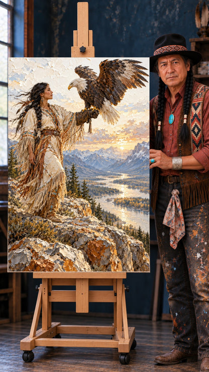 Native woman in fringed dress holding a bald eagle on her gloved hand above a river valley and snowy mountains at sunset