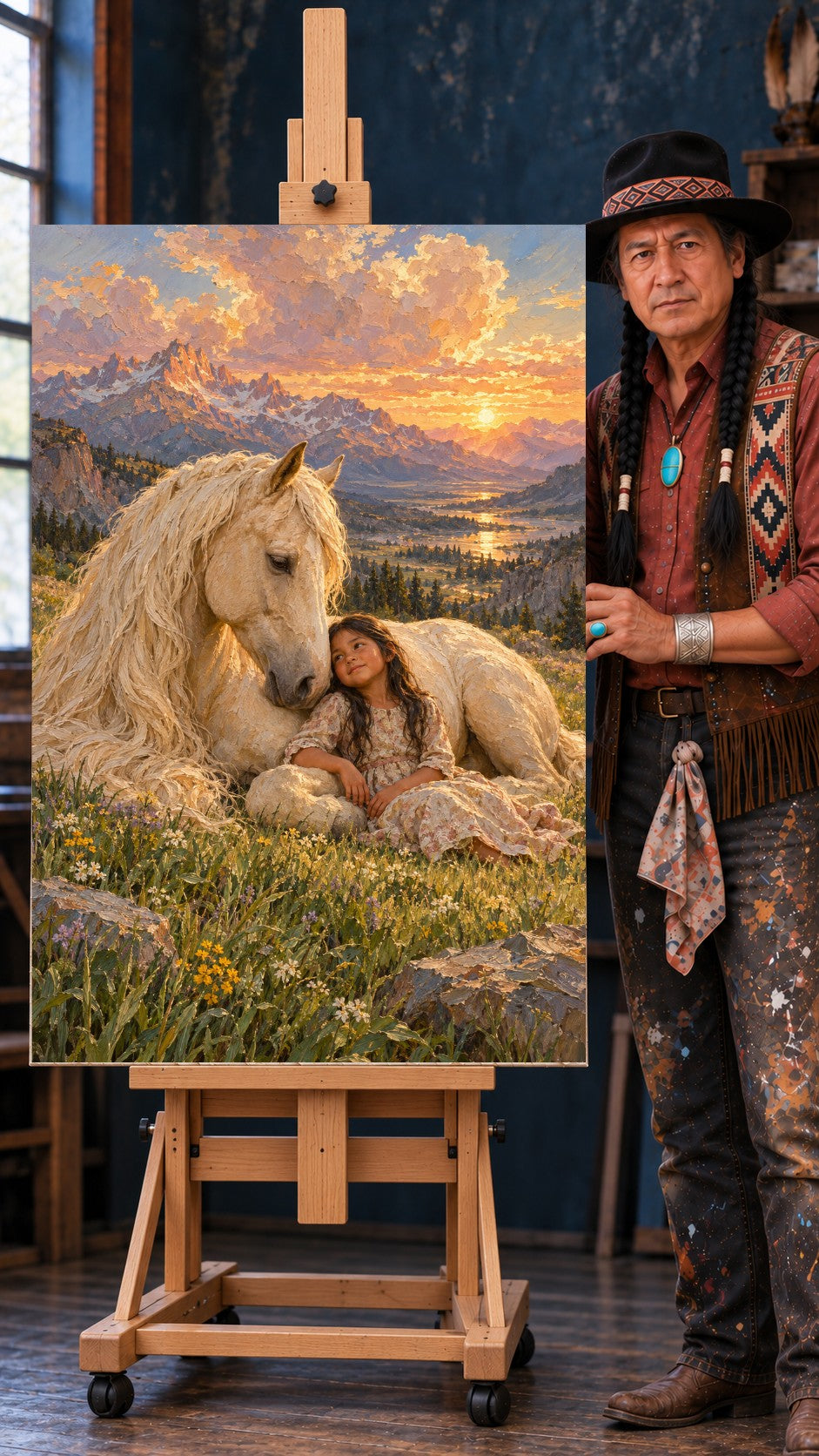Young Native woman leaning against a white horse in a wildflower meadow at sunset with mountains behind