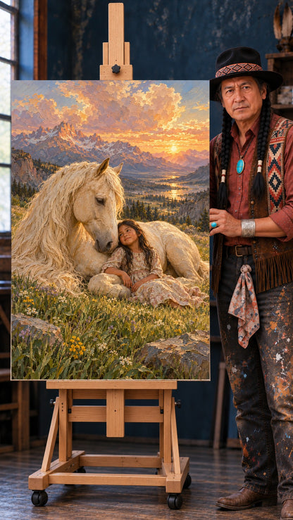 Young Native woman leaning against a white horse in a wildflower meadow at sunset with mountains behind