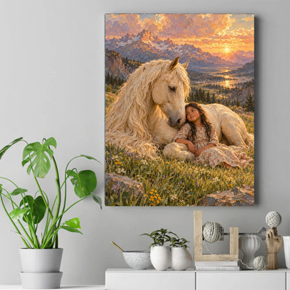 Young Native woman leaning against a white horse in a wildflower meadow at sunset with mountains behind – ảnh 2