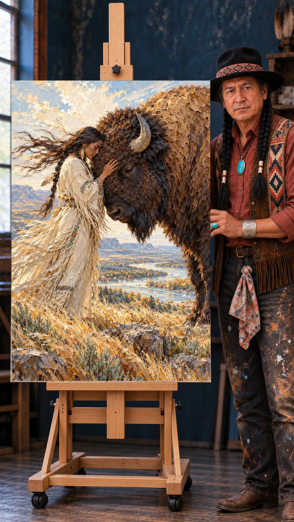Native woman in a fringed white dress touching foreheads with a large bison on a golden prairie at sunset