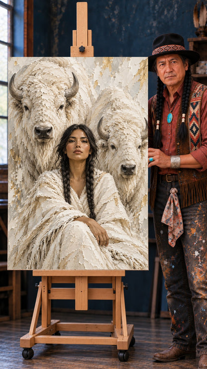 Woman with long braids in a cream robe beside two white bison against a textured pale background.