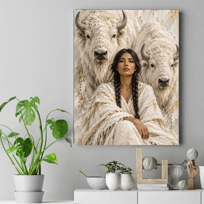 Woman with long braids in a cream robe beside two white bison against a textured pale background. – ảnh 2