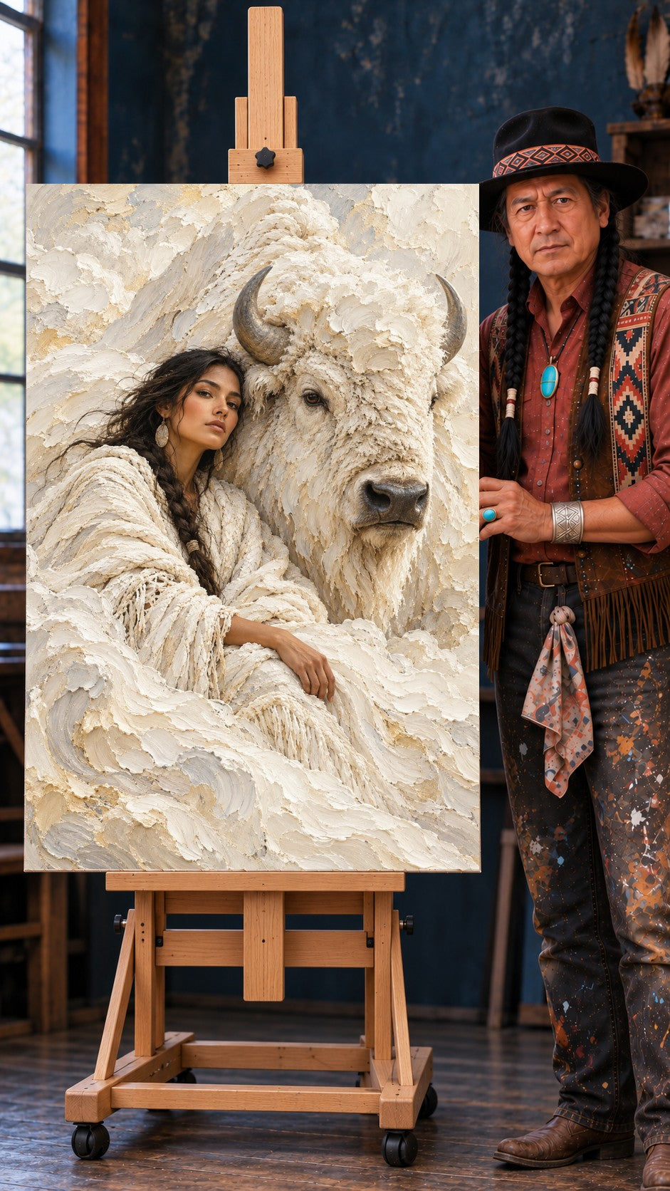 Woman with a long dark braid leaning against a white bison, both painted in thick cream-colored strokes
