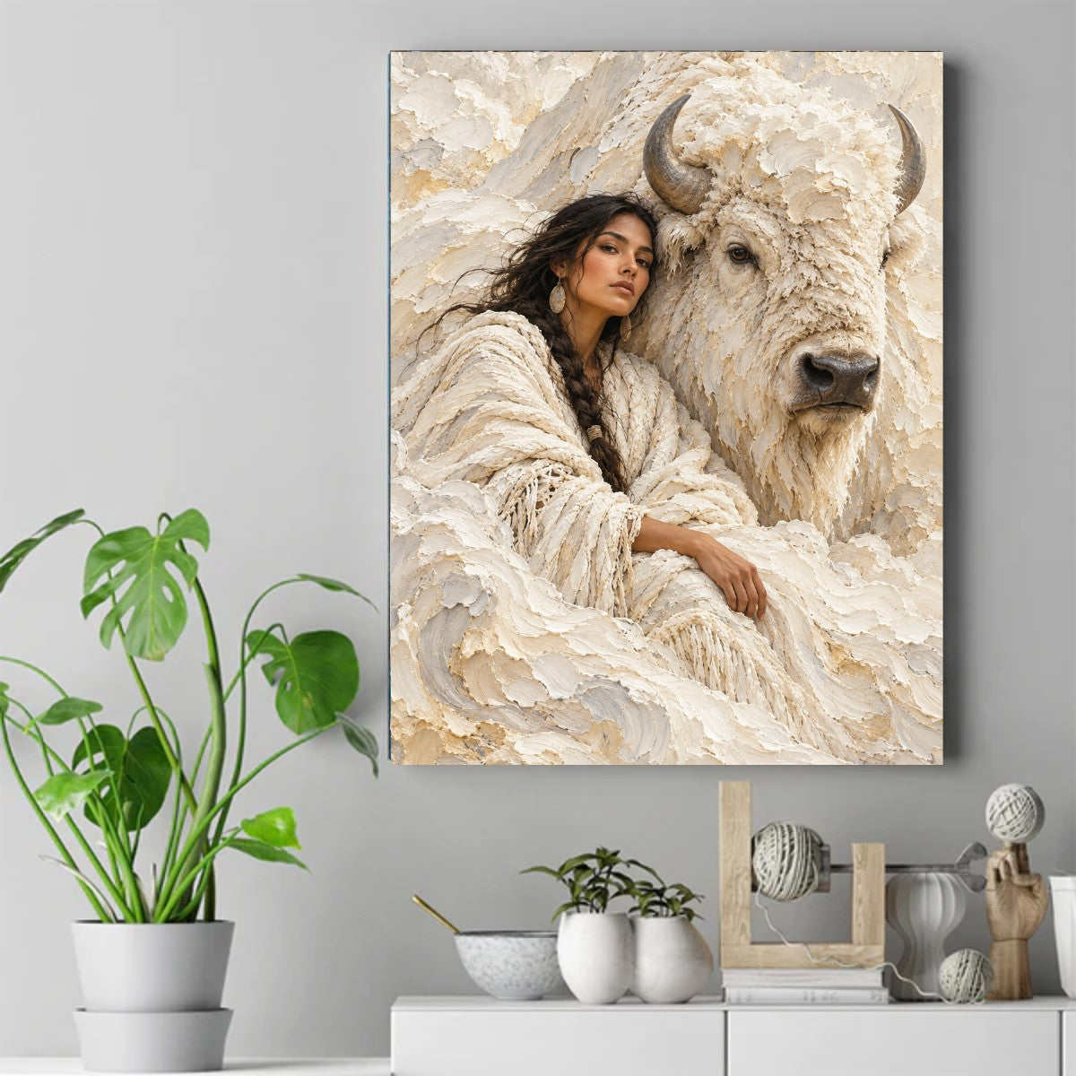Woman with a long dark braid leaning against a white bison, both painted in thick cream-colored strokes – ảnh 2