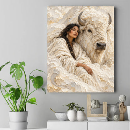 Woman with a long dark braid leaning against a white bison, both painted in thick cream-colored strokes – ảnh 2
