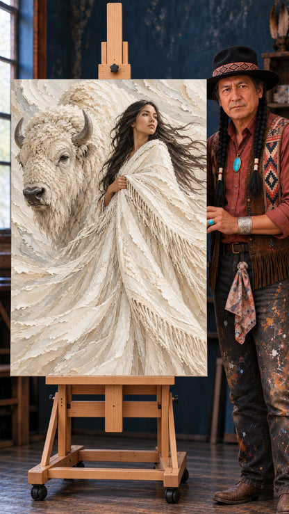 Woman with long dark hair in a cream fringed shawl standing next to a white bison, textured neutral background.