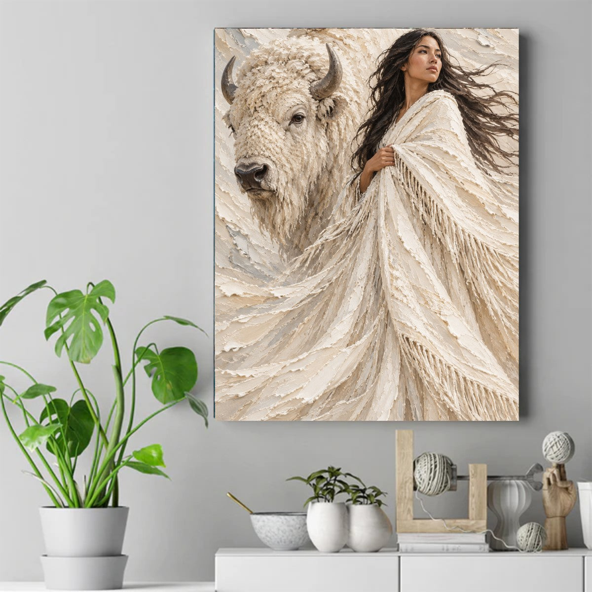 Woman with long dark hair in a cream fringed shawl standing next to a white bison, textured neutral background. – ảnh 2