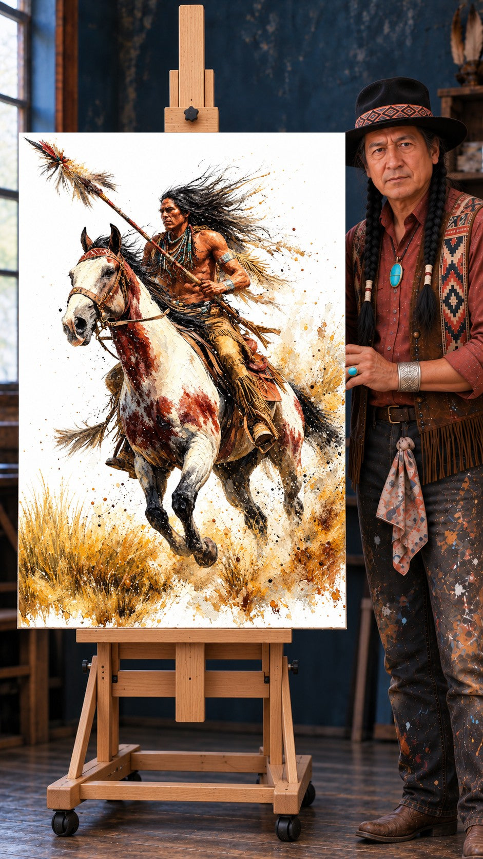 Native American rider with a feathered lance charging on a painted horse through tall golden grass