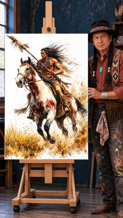 Native American rider with a feathered lance charging on a painted horse through tall golden grass