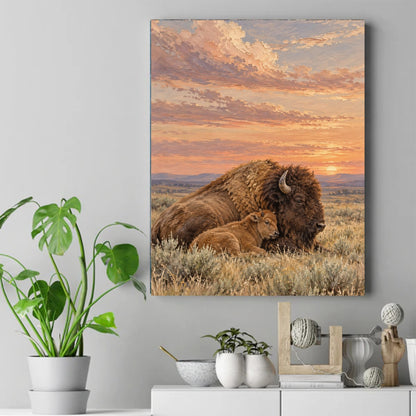 Adult bison and calf lying close in prairie grass under a pink and orange sunset sky – ảnh 2