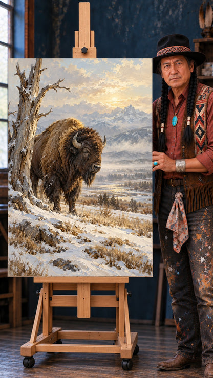 A shaggy bison stands in a snowy field beside a bare tree, with golden sunrise light and snow-capped mountains behind.