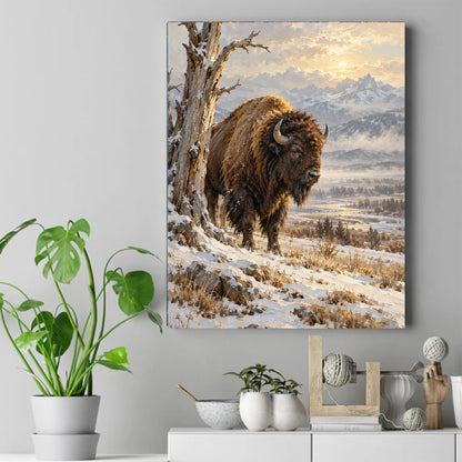 A shaggy bison stands in a snowy field beside a bare tree, with golden sunrise light and snow-capped mountains behind. – ảnh 2
