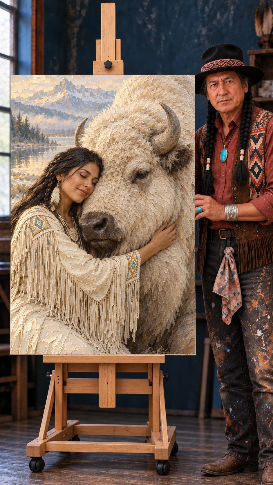 Native woman in white fringed, beaded dress embracing a white bison by a mountain lake