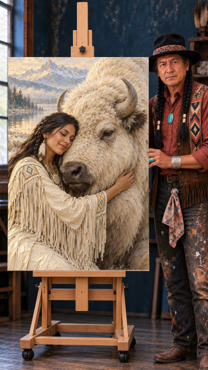 Native woman in white fringed, beaded dress embracing a white bison by a mountain lake