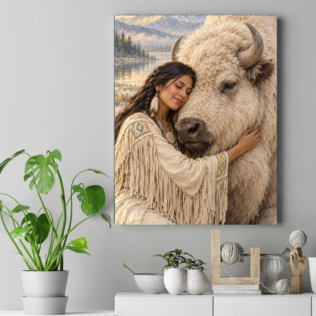 Native woman in white fringed, beaded dress embracing a white bison by a mountain lake – ảnh 2