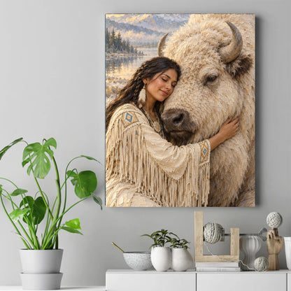 Native woman in white fringed, beaded dress embracing a white bison by a mountain lake – ảnh 2