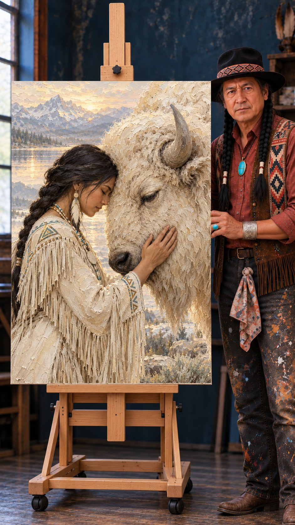 Native woman in a beaded fringed dress touching foreheads with a white bison at sunset, snowy mountains and lake behind.