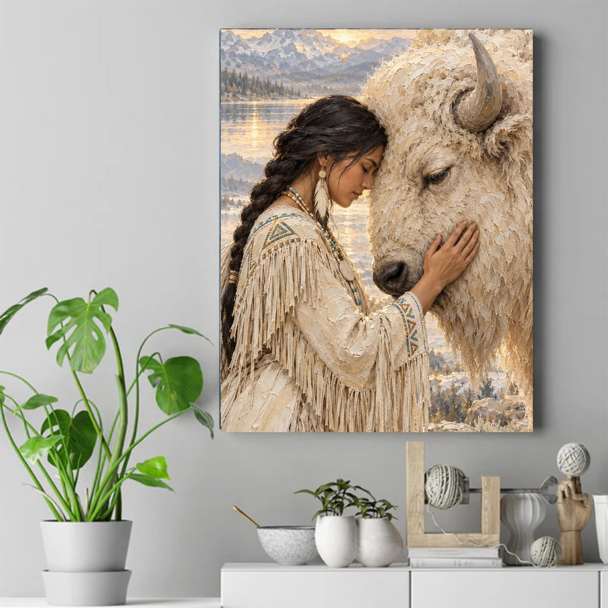 Native woman in a beaded fringed dress touching foreheads with a white bison at sunset, snowy mountains and lake behind. – ảnh 2