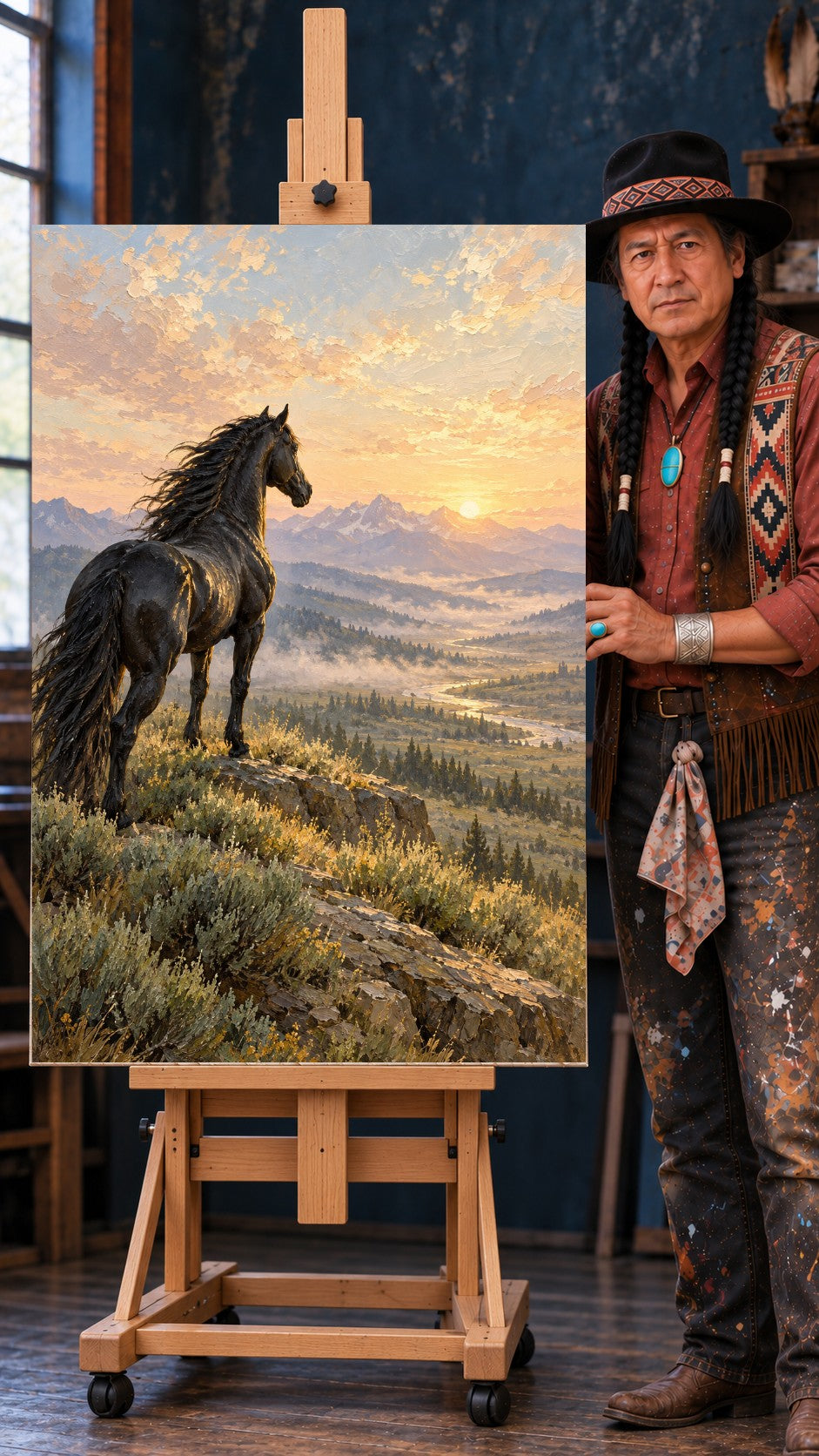 Black horse on a rocky cliff at sunrise, looking over a misty valley with mountains and a river