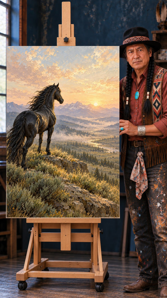 Black horse on a rocky cliff at sunrise, looking over a misty valley with mountains and a river