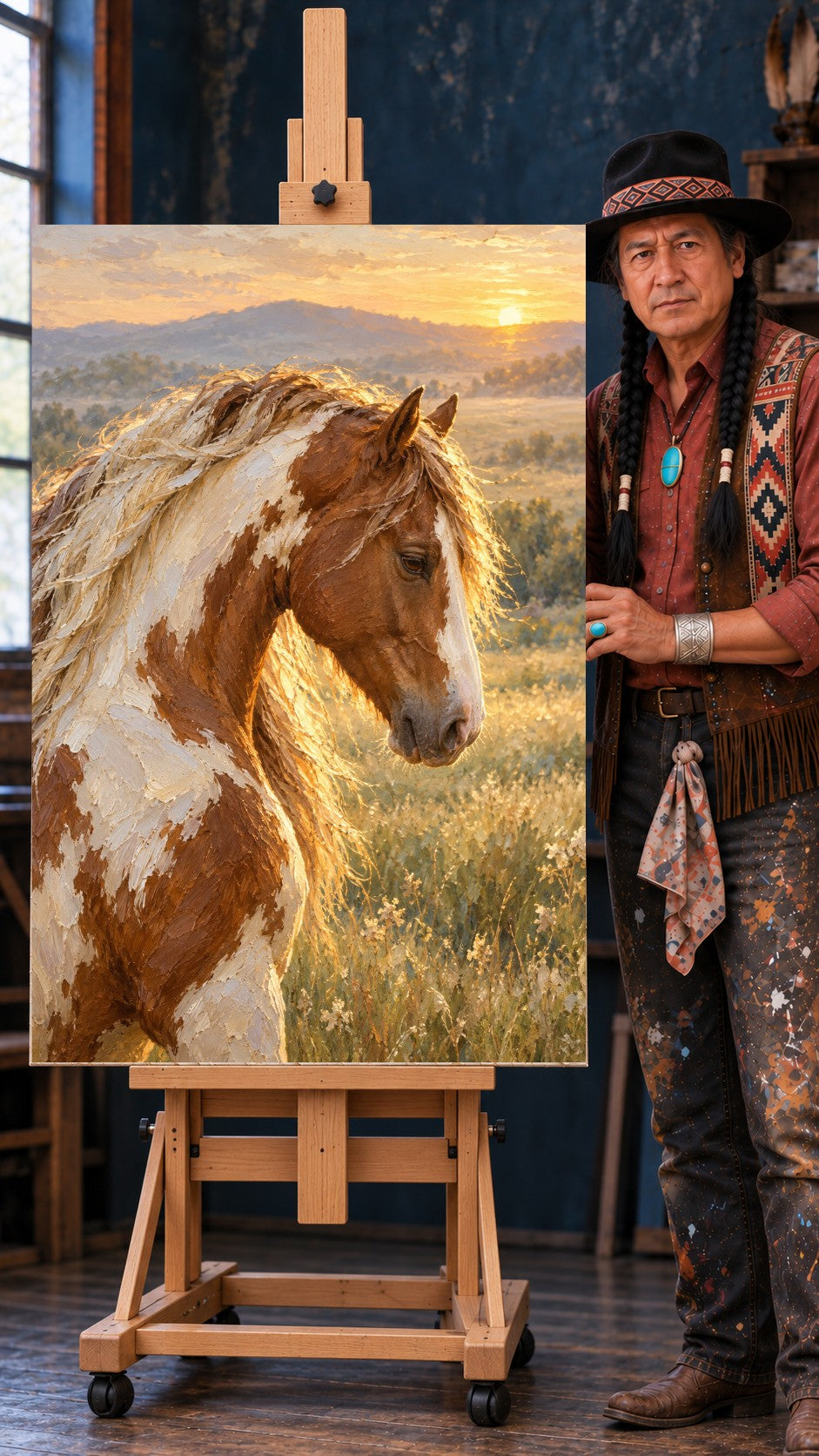 Brown and white pinto horse in tall grass under warm golden sunset light with distant hills