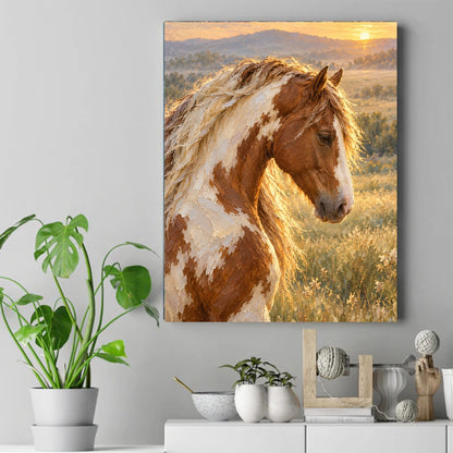 Brown and white pinto horse in tall grass under warm golden sunset light with distant hills – ảnh 2
