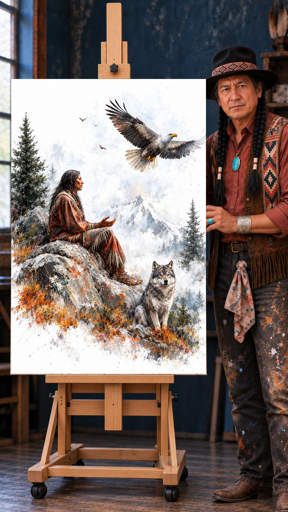 Native man in fringed buckskin on rock, hand raised to a flying eagle, wolf beside him, snowy mountains behind.