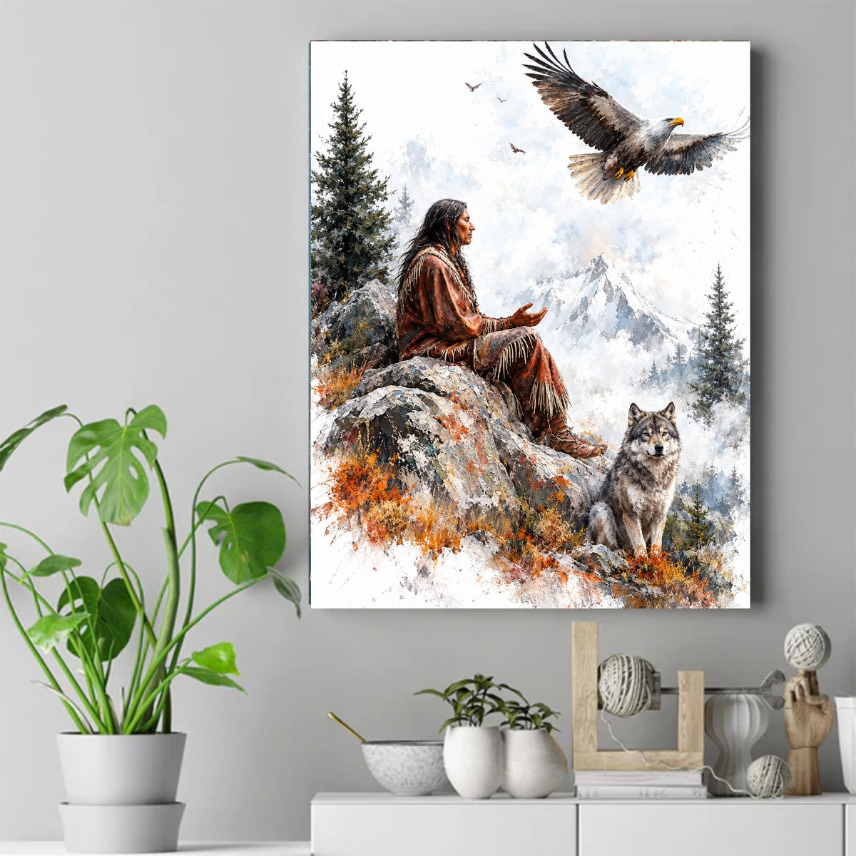 Native man in fringed buckskin on rock, hand raised to a flying eagle, wolf beside him, snowy mountains behind. – ảnh 2