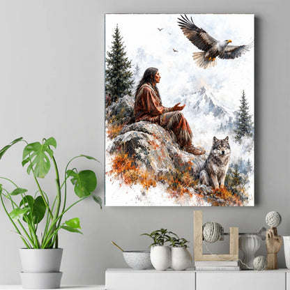 Native man in fringed buckskin on rock, hand raised to a flying eagle, wolf beside him, snowy mountains behind. – ảnh 2