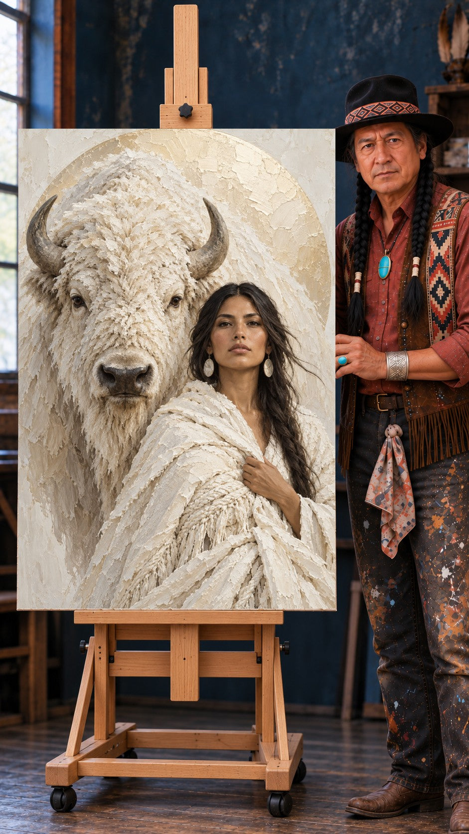 White bison standing behind a Native woman in a pale shawl, with a gold circular background