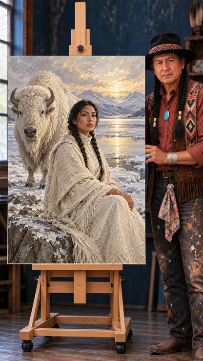 Native woman with braids in a cream fringed wrap seated on a snowy rock beside a white bison at sunset