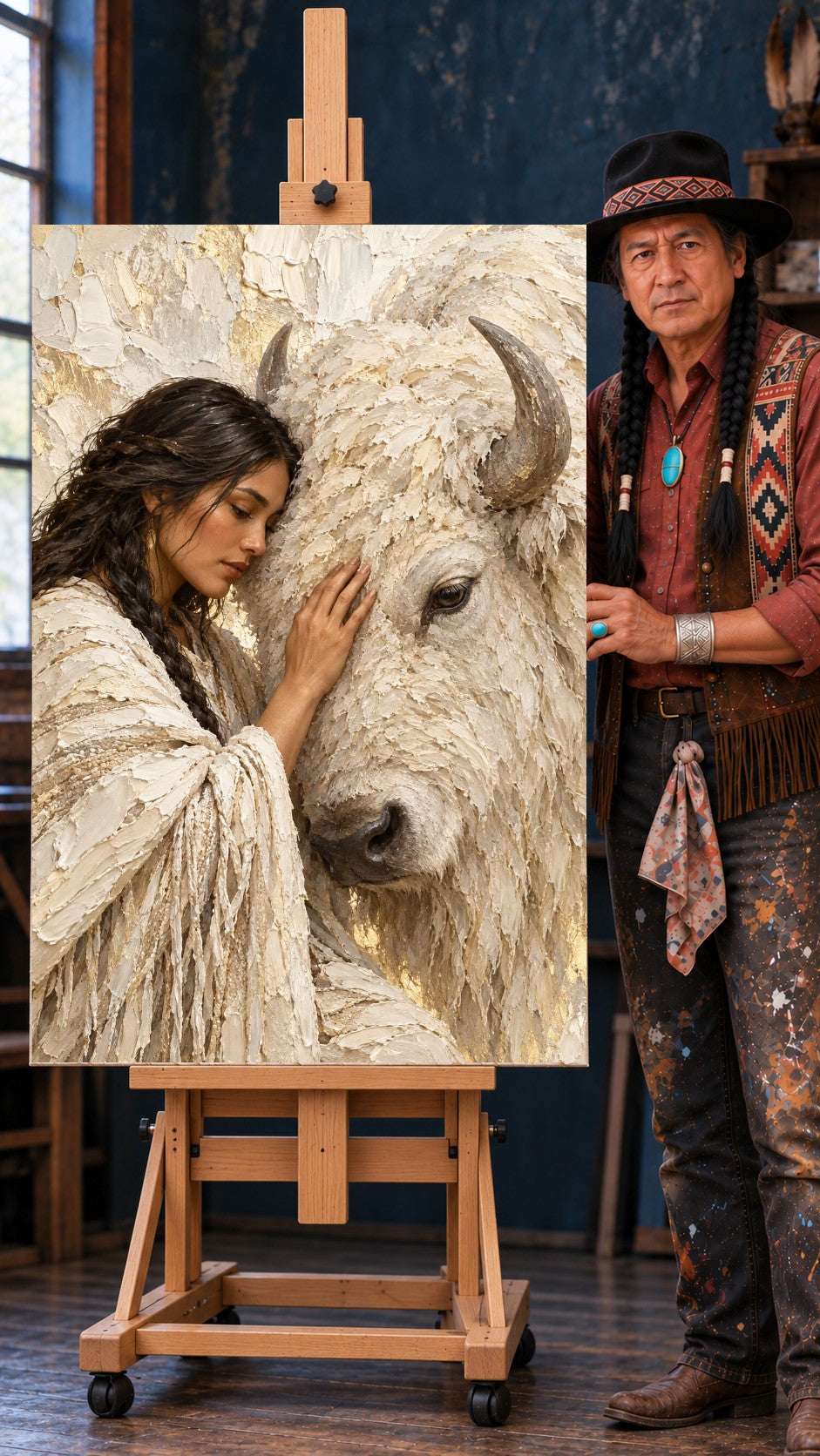 Woman with closed eyes resting her hand on a white bison’s face, textured cream and gold artwork.