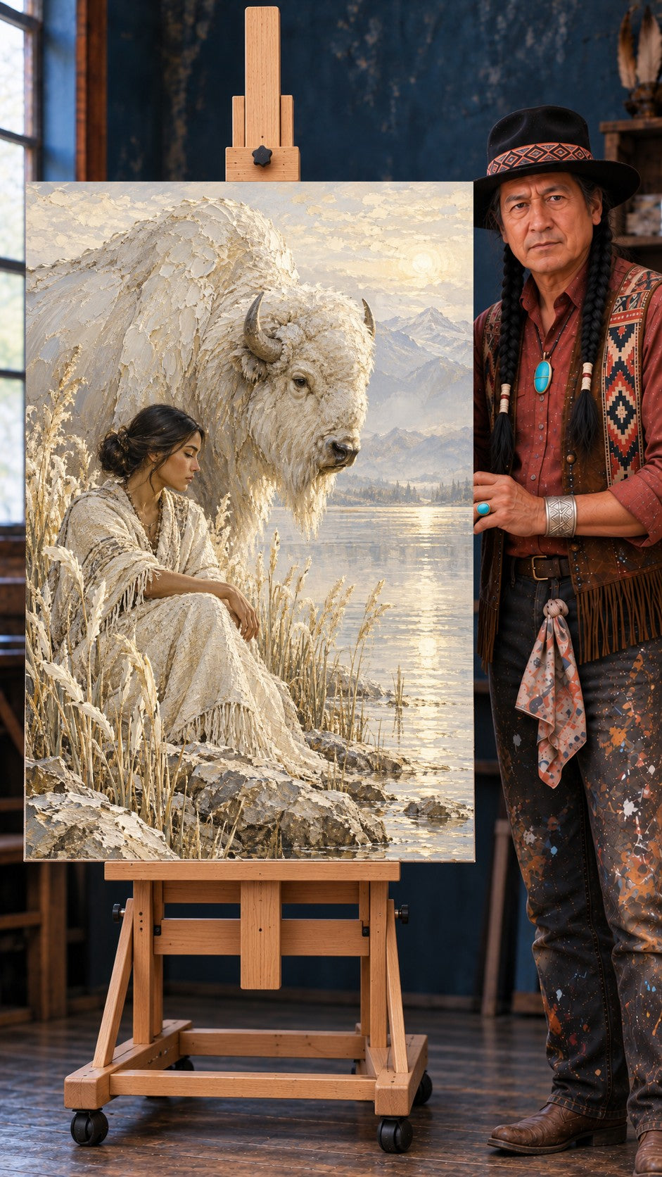 Woman in a cream fringed shawl sitting in dry grass beside a large white bison, sun low over mountains and water