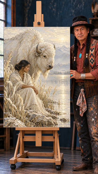 Woman in a cream fringed shawl sitting in dry grass beside a large white bison, sun low over mountains and water