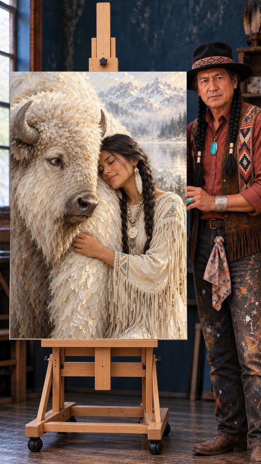 Native woman with braided hair resting her cheek on a white bison, snowy mountains and lake behind her
