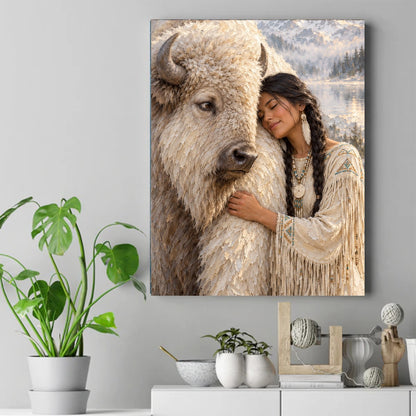 Native woman with braided hair resting her cheek on a white bison, snowy mountains and lake behind her – ảnh 2
