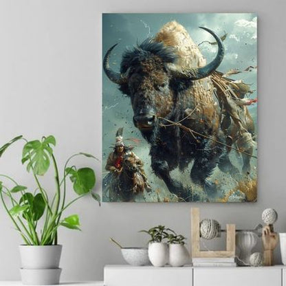 Unbreakable Force - Bison and Warrior Native American Canvas