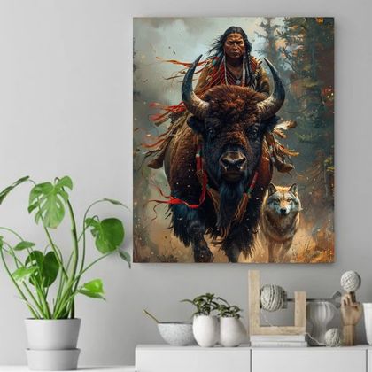 Spirit of the Wild - Bison, Warrior, and Wolf Native American Canvas