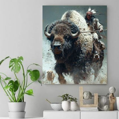 The Power of the Buffalo and Warrior Native American Canvas