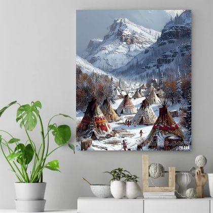 Winter Haven - Teepees in the Snowy Mountains Native American Canvas