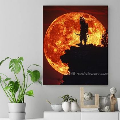 Warrior’s Silhouette Against the Harvest Moon Native American Canvas