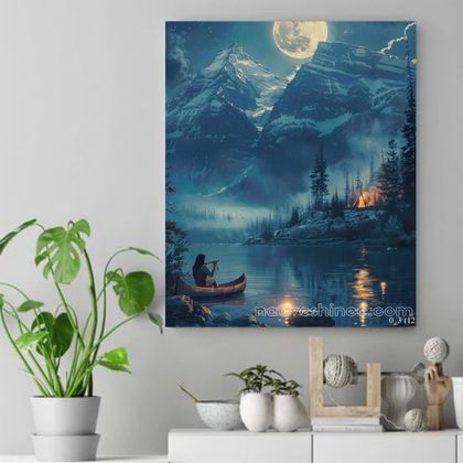 Melody Under the Moonlit Peaks Native American Canvas