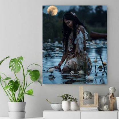 Moonlit Reflection Among Lilies Native American Canvas