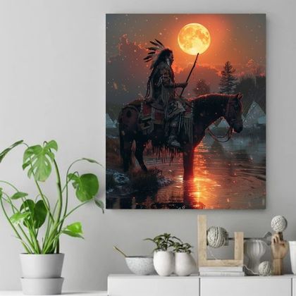 Moonlit Warrior: Guardian of the Night Native American Canvas