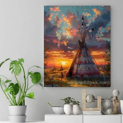 Sunset Over the Teepee Village Native American Canvas VA