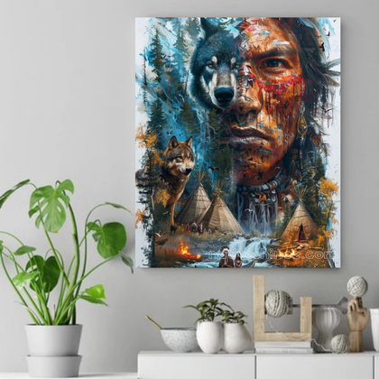 Spirit of the Wolf and Warrior Native American Canvas VA