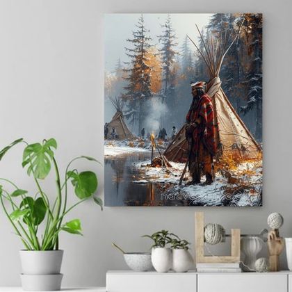 Winter Vigil by the River Native American Canvas VA