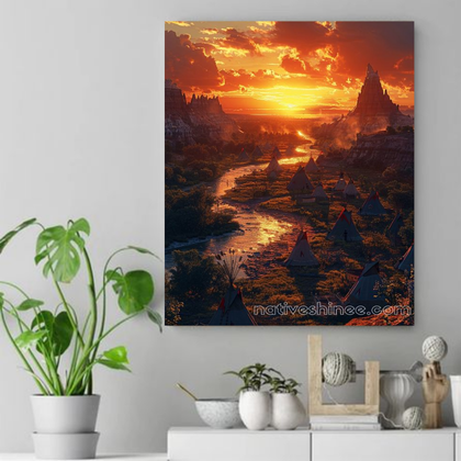 Golden Horizon: Village at Dusk Native American Canvas VA