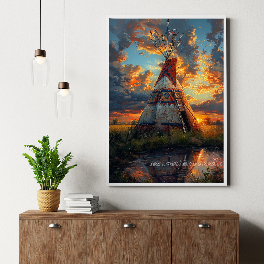 Sunset Over the Prairie Lodge Native American Canvas